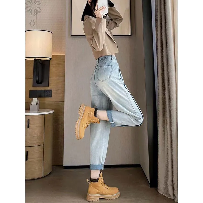 Worn-Out Look Loose Fit Light-Colored High-Waisted Patchwork Jeans