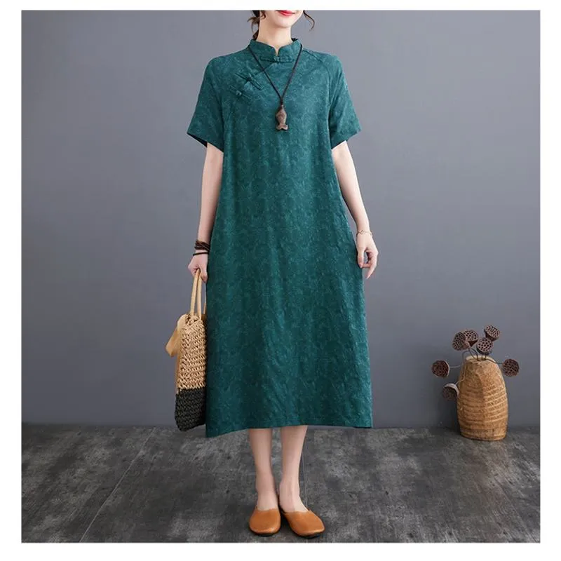 Zen-Style Retro Jacquard Plus Loose Fit Linen Dress