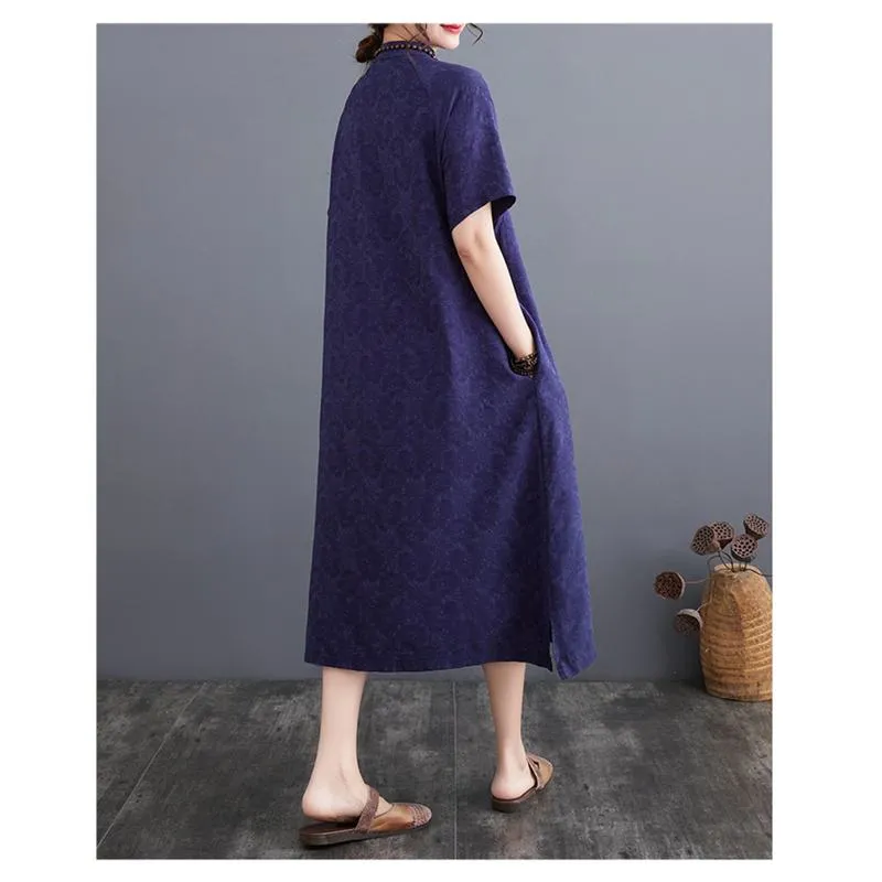 Zen-Style Retro Jacquard Plus Loose Fit Linen Dress