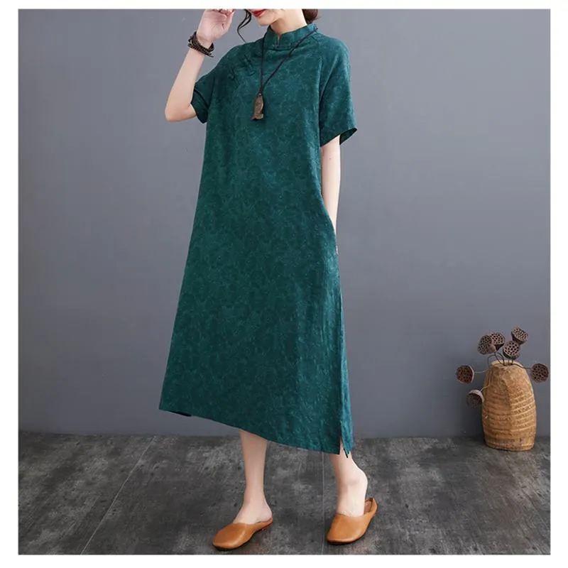 Zen-Style Retro Jacquard Plus Loose Fit Linen Dress