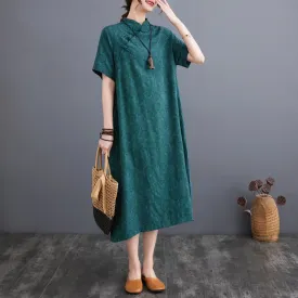 Zen-Style Retro Jacquard Plus Loose Fit Linen Dress