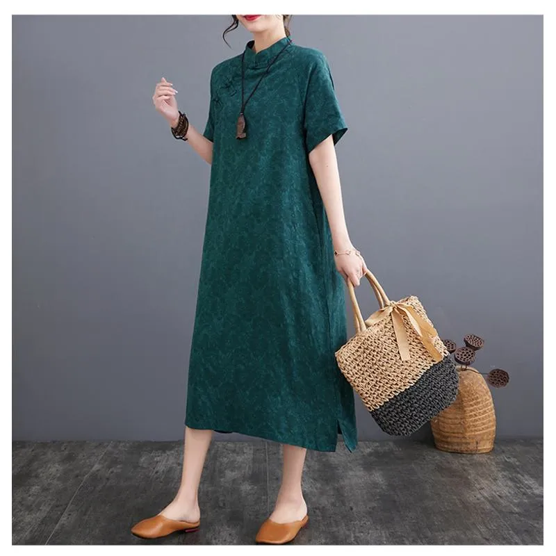 Zen-Style Retro Jacquard Plus Loose Fit Linen Dress