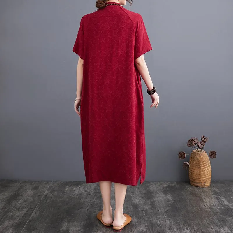 Zen-Style Retro Jacquard Plus Loose Fit Linen Dress