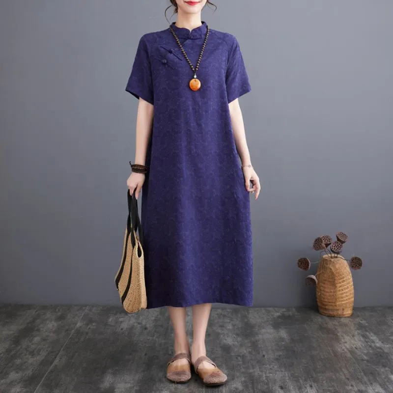 Zen-Style Retro Jacquard Plus Loose Fit Linen Dress