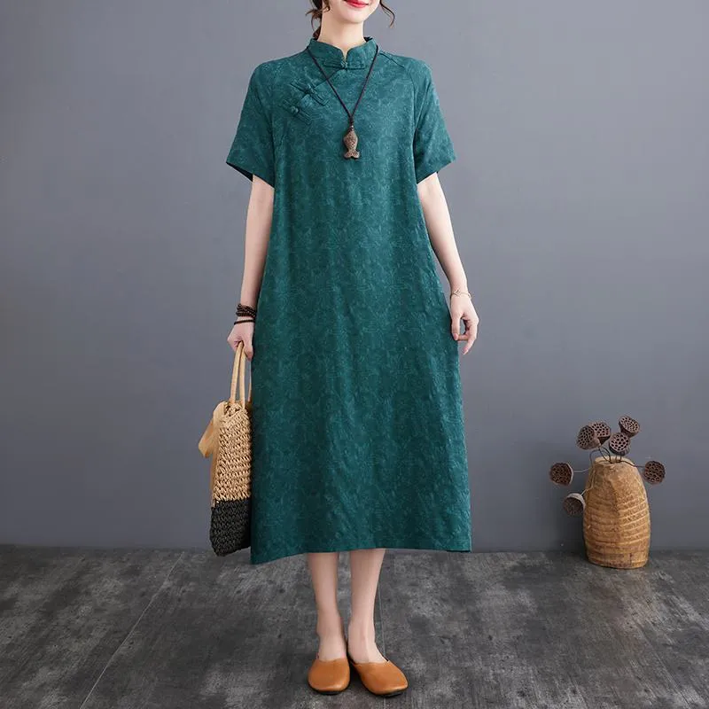 Zen-Style Retro Jacquard Plus Loose Fit Linen Dress