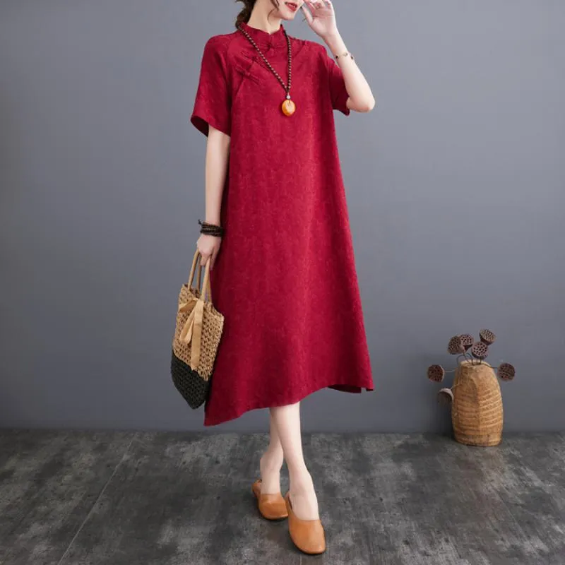 Zen-Style Retro Jacquard Plus Loose Fit Linen Dress