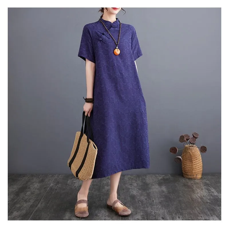 Zen-Style Retro Jacquard Plus Loose Fit Linen Dress