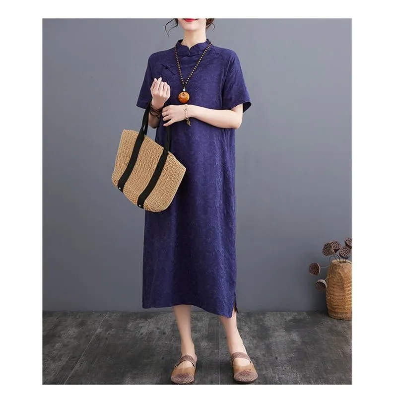 Zen-Style Retro Jacquard Plus Loose Fit Linen Dress