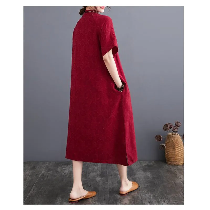 Zen-Style Retro Jacquard Plus Loose Fit Linen Dress