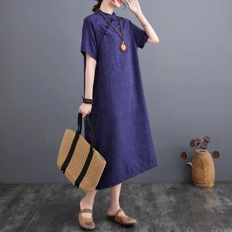 Zen-Style Retro Jacquard Plus Loose Fit Linen Dress