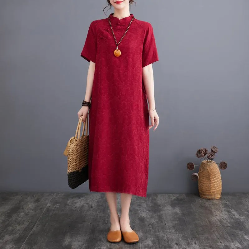 Zen-Style Retro Jacquard Plus Loose Fit Linen Dress